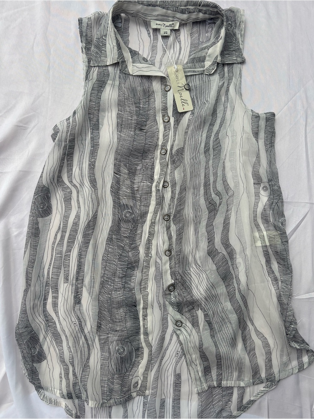 Simply Noelle Sheer Vertical Stripe Button-Up Blouse - White & Gray